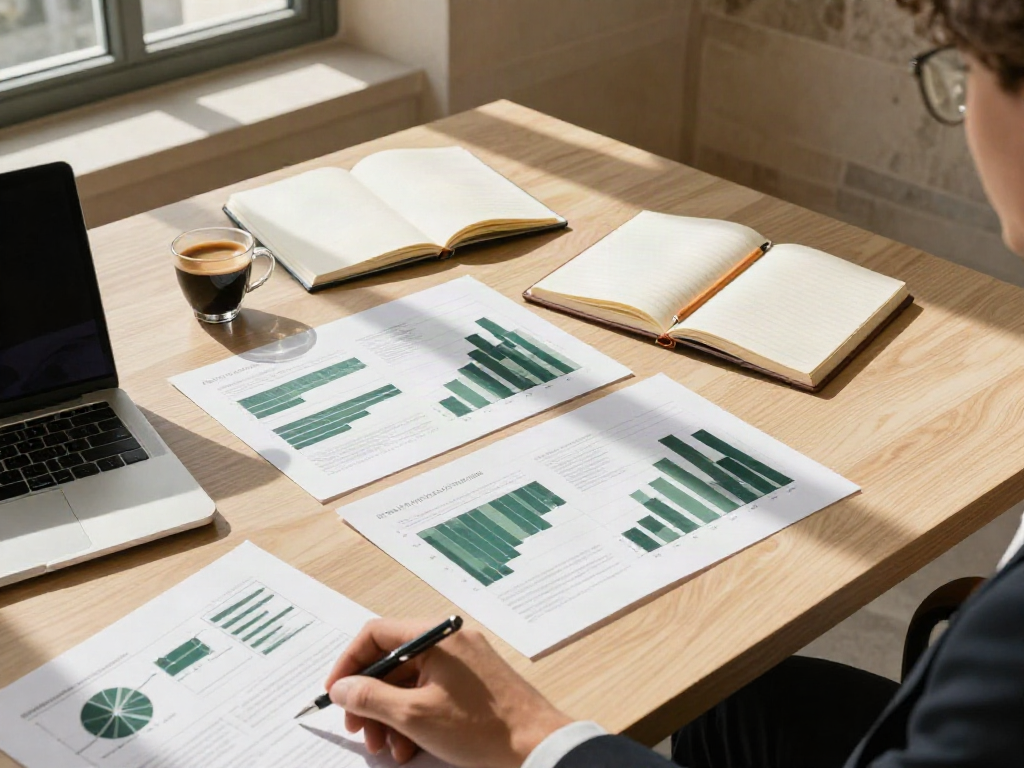 Business reports, charts, and a notebook prepared for an analytical review session