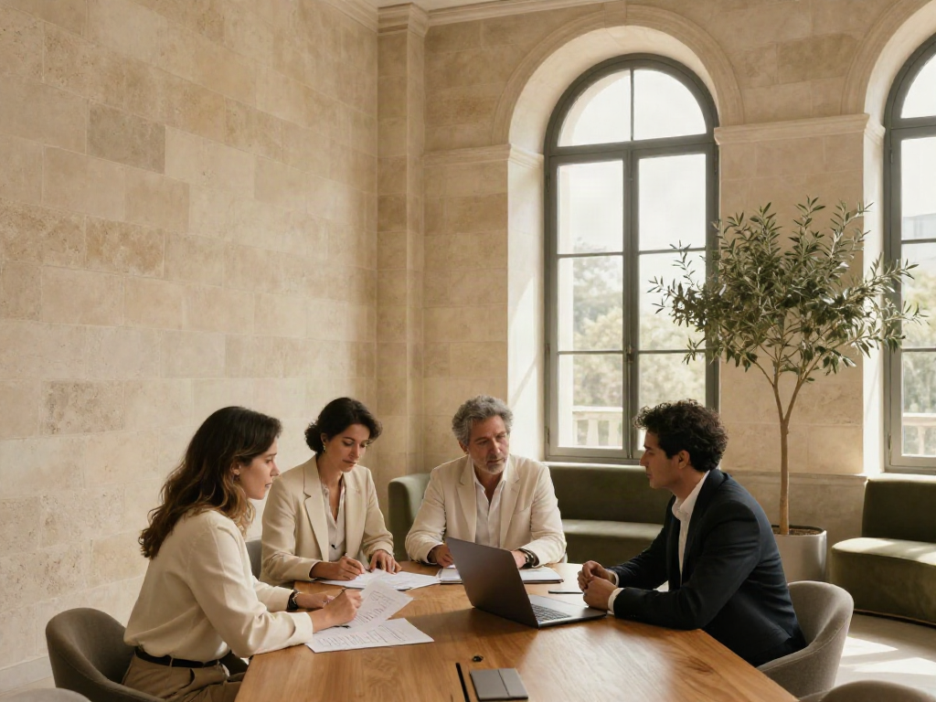 Consultants collaborating around an oak table in a sunlit Portuguese office